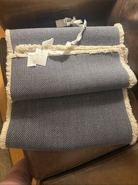 Pottery Barn Navy Blue w Cream Fringe Table Runner